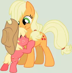 Size: 824x836 | Tagged: safe, artist:lost-our-dreams, derpibooru import, applejack, oc, oc:red gala, pony, female, filly, mother and daughter, nuzzling, offspring, parent:applejack, parent:caramel, parents:carajack, simple background