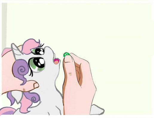 Size: 515x394 | Tagged: safe, artist:agm, derpibooru import, edit, sweetie belle, human, pony, unicorn, candy, feeding, female, filly, floppy ears, food, force feeding, hand, meme, open mouth, pills, simple background, skittles, white background