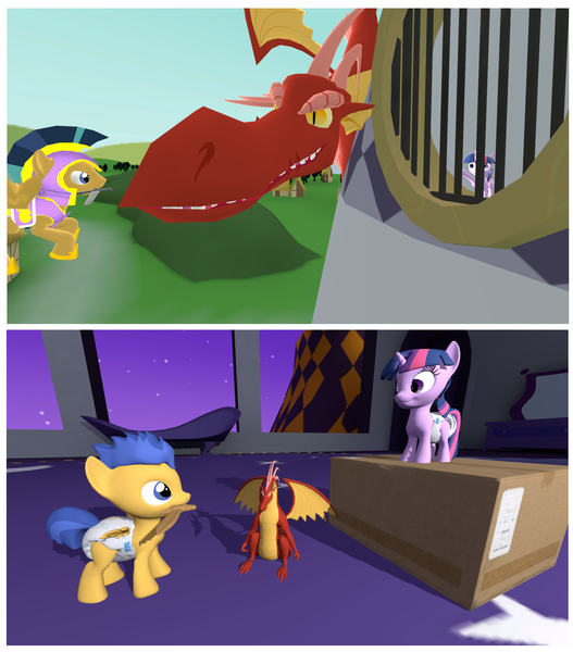 Size: 1958x2230 | Tagged: 2 panel comic, 3d, artist:mrdoctorderpy, basil, cardboard box, colt, comic, derpibooru import, diaper, diaper fetish, dragon, fantasy class, female, fetish, filly, filly twilight sparkle, flash sentry, imagination, knight, knight rescues the princess, male, playing, pretend, princess, royal guard, safe, source filmmaker, sword, toy, twilight sparkle, warrior, weapon, younger