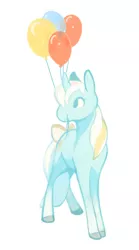 Size: 500x900 | Tagged: safe, artist:bananasmores, derpibooru import, sunbeam, pony, unicorn, balloon, bow, female, g1, happy, looking at something, mare, mouth hold, simple background, solo, tail bow, white background