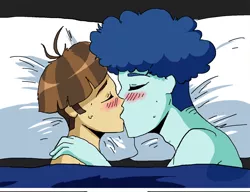 Size: 750x575 | Tagged: suggestive, derpibooru import, curly winds, some blue guy, wiz kid, equestria girls, background human, bare chest, bed, blushing, blushing profusely, care root, clothes, gay, imminent sex, implied sex, kissing, male, partial nudity, topless, two-equestrian-dorks, wizwinds
