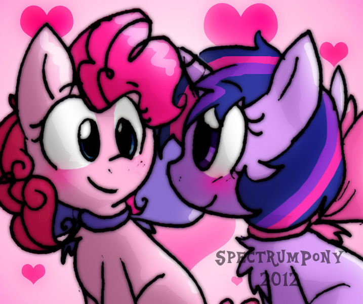 Size: 736x616 | Tagged: safe, artist:justagirlonline, derpibooru import, pinkie pie, twilight sparkle, pony, ask cute twinkie pie, female, lesbian, neck bow, shipping, twinkie