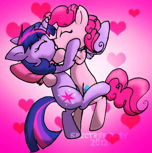 Size: 1024x1028 | Tagged: safe, artist:justagirlonline, derpibooru import, pinkie pie, twilight sparkle, pony, ask cute twinkie pie, bipedal, female, kissing, lesbian, neck bow, shipping, twinkie