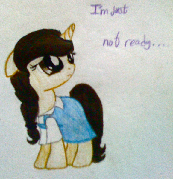 Size: 1090x1131 | Tagged: safe, artist:beetrue, derpibooru import, oc, oc:faithful melody, unofficial characters only, pony, unicorn, clothes, dress, female, filly, floppy ears, sad, solo, traditional art