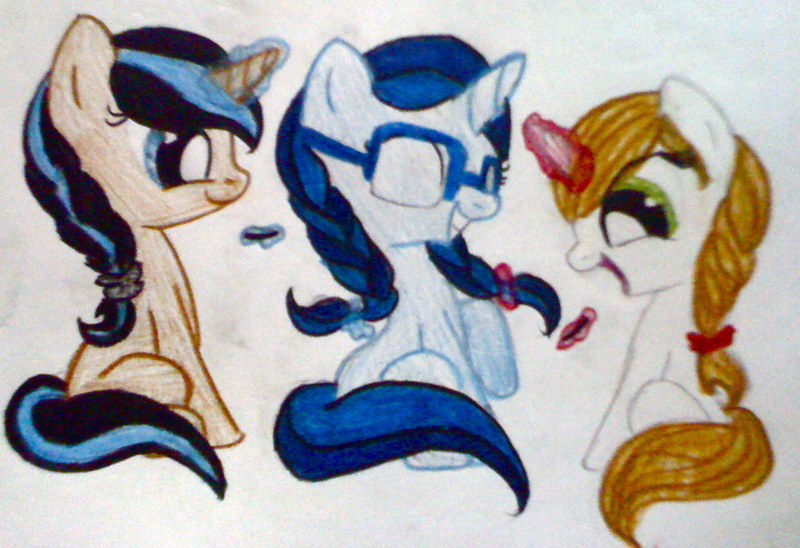 Size: 1402x960 | Tagged: safe, artist:beetrue, derpibooru import, oc, oc:blue moon, oc:sky palette, oc:winterberry, unofficial characters only, pony, unicorn, braid, female, glasses, magic, mare, traditional art