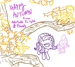 Size: 2898x2585 | Tagged: safe, artist:adorkabletwilightandfriends, derpibooru import, spike, starlight glimmer, dragon, pony, comic:adorkable twilight and friends, above, autumn, leaves, lineart, patreon, perspective, top down, tree, walking