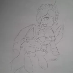 Size: 1280x1280 | Tagged: safe, artist:lilac, derpibooru import, oc, oc:lilac mist, unofficial characters only, bat pony, pony, blushing, bow, clothes, crown, dress, female, jewelry, monochrome, regalia, socks, solo, traditional art