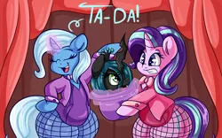 Size: 2884x1801 | Tagged: safe, artist:graphene, derpibooru import, queen chrysalis, starlight glimmer, trixie, changeling, changeling queen, pony, unicorn, bipedal, bottom heavy, chubby, clothes, cute, cutealis, dialogue, diatrixes, equestria is doomed, eyes closed, fat, fishnets, glimmerbetes, glowing horn, hat, hips, large butt, leotard, magic, magic trick, magician outfit, pear shaped, socks, starlard glimmer, the great and bountiful trixie, thicc ass, thick, thigh highs, this will end in tears and/or death, this will not end well, thunder thighs, trio, wide hips