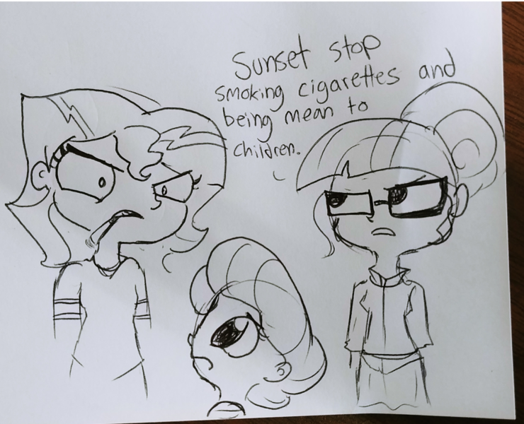 Size: 1777x1440 | Tagged: safe, artist:tjpones, derpibooru import, sci-twi, sunset shimmer, twilight sparkle, oc, oc:honeycrisp blossom, series:sciset diary, equestria girls, cigarette, dialogue, female, glasses, lesbian, monochrome, offspring, parent:big macintosh, parent:princess cadance, parents:cadmac, scissors, scitwishimmer, shipping, sunsetsparkle, traditional art