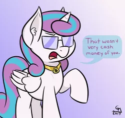 Size: 540x512 | Tagged: safe, artist:glimglam, derpibooru import, princess flurry heart, ponified, alicorn, pony, cash money, dialogue, ear fluff, female, gold digger, gradient background, jewelry, mare, meme, necklace, older, older flurry heart, open mouth, purple background, raised hoof, solo, sunglasses, teenage flurry heart, teenager