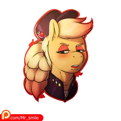 Size: 4000x4000 | Tagged: safe, artist:mr.smile, derpibooru import, applejack, earth pony, pony, alternate hairstyle, blushing, bust, clothes, eyeshadow, female, hat, lidded eyes, lipstick, makeup, mare, patreon, patreon logo, piercing, portrait, punk, simple background, snake bites, solo, transparent background