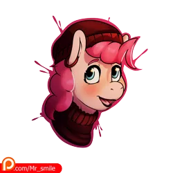 Size: 4000x4000 | Tagged: safe, artist:mr.smile, derpibooru import, pinkie pie, earth pony, pony, alternate hairstyle, beanie, blushing, bust, clothes, ear piercing, earring, female, hat, jewelry, lipstick, mare, patreon, patreon logo, piercing, punk, simple background, smiling, solo, sweater, transparent background