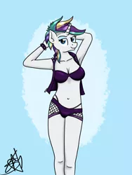 Size: 1500x2000 | Tagged: alternate hairstyle, anthro, armpits, artist:saturnstar14, bikini, bikini top, breasts, clothes, derpibooru import, fishnets, punk, raripunk, rarity, suggestive, swimsuit