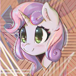 Size: 900x900 | Tagged: safe, artist:mirroredsea, derpibooru import, sweetie belle, pony, unicorn, blushing, bust, chromatic aberration, cute, diasweetes, ear fluff, female, filly, portrait, smiling, solo