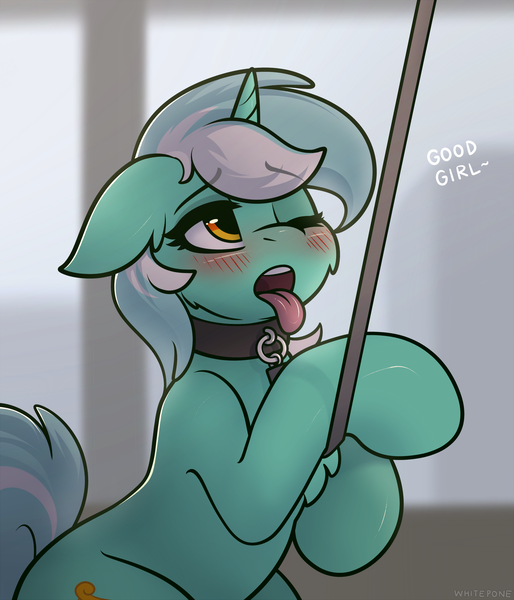 Size: 1800x2100 | Tagged: suggestive, alternate version, artist:whitepone, derpibooru import, lyra heartstrings, pony, unicorn, blushing, collar, female, femsub, good girl, leash, looking up, one eye closed, pet play, solo, solo female, submissive, tongue out