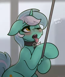 Size: 1800x2100 | Tagged: suggestive, alternate version, artist:whitepone, derpibooru import, lyra heartstrings, pony, unicorn, blushing, collar, female, femsub, good girl, leash, looking up, one eye closed, pet play, solo, solo female, submissive, tongue out