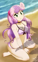 Size: 2811x4500 | Tagged: absurd resolution, adorasexy, artist:danmakuman, barefoot, beach, bicolor swimsuit, bow swimsuit, breasts, busty sweetie belle, cleavage, clothes, cute, derpibooru import, diasweetes, feet, female, human, humanized, legs, long hair, ocean, older, palm tree, pink swimsuit, sand, sexy, shadow, signature, sitting, solo, solo female, suggestive, sweetie belle, swimsuit, tree