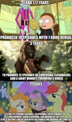Size: 878x1487 | Tagged: adult swim, anime, attack on titan, bright mac, derpibooru import, evil morty, horse, image macro, mayor mare, meme, monkey titan, pear butter, rick and morty, rick sanchez, safe, screencap, spoilers for another series, the perfect pear