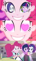 Size: 1336x2244 | Tagged: safe, derpibooru import, edit, pinkie pie, rarity, twilight sparkle, coinky-dink world, eqg summertime shorts, equestria girls, exploitable meme, female, heart eyes, lesbian, meme, pinkie the shipper, pinkie's eyes, rarilight, shipper on deck, shipping, wingding eyes