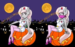 Size: 4000x2500 | Tagged: anthro, artist:ryuseihikari, bondage, breasts, cloth gag, derpibooru import, female, gag, halloween, halloween costume, high heels, holiday, jack-o-lantern, moon, nurse outfit, oc, oc:violet, pegasus, plantigrade anthro, pumpkin, rope, shoes, solo, solo female, suggestive, unofficial characters only