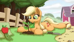 Size: 3840x2160 | Tagged: safe, artist:ohemo, derpibooru import, applejack, earth pony, pony, barn, cute, female, fence, freckles, jackabetes, mare, mouth hold, prone, smiling, solo, sploot, sweet apple acres, watering, watering can