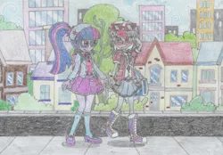 Size: 2444x1704 | Tagged: safe, artist:nephilim rider, derpibooru import, sci-twi, twilight sparkle, oc, oc:heaven lost, equestria girls, blushing, canon x oc, converse, female, holding hands, lesbian, shoes, smiling, traditional art, walking