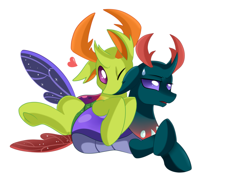Size: 4094x2975 | Tagged: safe, artist:pridark, derpibooru import, pharynx, thorax, changedling, changeling, pony, to change a changeling, brotherly love, brothers, changedling brothers, commission, cute, duo, ear bite, heart, king thorax, male, pharybetes, prince pharynx, prone, simple background, sweat, sweatdrop, thorabetes, transparent background, unamused