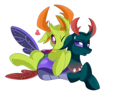 Size: 4094x2975 | Tagged: safe, artist:pridark, derpibooru import, pharynx, thorax, changedling, changeling, pony, to change a changeling, brotherly love, brothers, changedling brothers, commission, cute, duo, ear bite, heart, king thorax, male, pharybetes, prince pharynx, prone, simple background, sweat, sweatdrop, thorabetes, transparent background, unamused