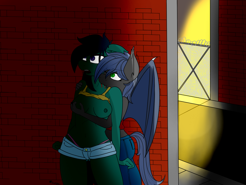 Size: 1600x1200 | Tagged: questionable, artist:eclipsepenumbra, derpibooru import, oc, oc:cloudie, oc:eclipse penumbra, unofficial characters only, anthro, bat pony, alleyway, biting, blood, breasts, clothes, dark, fangs, female, lesbian, nipples, nudity, shirt, shirt lift, turning, vampirism