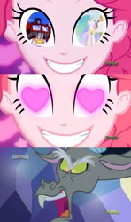 Size: 1280x2160 | Tagged: safe, derpibooru import, edit, edited screencap, screencap, discord, pinkie pie, princess celestia, coinky-dink world, eqg summertime shorts, equestria girls, to where and back again, angry, heart eyes, implied dislestia, implied shipping, implied straight, meme, optilestia, optimus prime, pinkie the shipper, pinkie's eyes, shipper on deck, shipping denied, transformers, wingding eyes