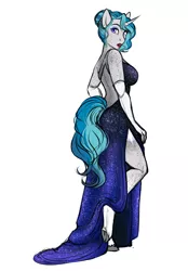 Size: 2779x4000 | Tagged: suggestive, artist:askbubblelee, derpibooru import, oc, oc:bubble lee, unofficial characters only, anthro, unguligrade anthro, unicorn, alternate hairstyle, alternate universe, anthro oc, arm freckles, back freckles, backless, beautiful, body freckles, breasts, clothes, dress, evening gloves, eyelashes, eyeshadow, female, freckles, gala dress, gloves, hip freckles, leg freckles, lips, lipstick, long gloves, looking back, makeup, mare, shoulder freckles, side slit, simple background, socks (coat marking), solo, sparkles, unshorn fetlocks, white background, willowverse