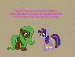 Size: 504x390 | Tagged: safe, artist:verve, derpibooru import, fluttershy, twilight sparkle, twilight sparkle (alicorn), alicorn, dryad, genie, pegasus, plant pony, pony, ask genie twilight, a health of information, armband, brown background, female, flutterdryad, fluttertree, horn cap, leg brace, mare, pixel art, simple background, transformation, wing jewelry