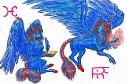 Size: 1024x675 | Tagged: blue fur, book, derpibooru import, dragon, feather, fire, fur, magic, oc, oc:hellfire, red eyes, safe, traditional art, unofficial characters only, wings, writer