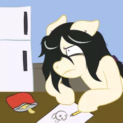 Size: 576x576 | Tagged: safe, artist:scraggleman, derpibooru import, oc, oc:floor bored, unofficial characters only, earth pony, pony, /mlp/, 4chan, annoyed, chips, female, food, frown, hoof hold, mare, paper, pencil, picture, reaction image, refrigerator, solo, table, unamused