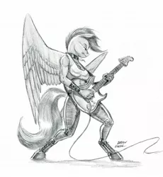 Size: 1100x1197 | Tagged: anthro, artist:baron engel, bad guitar anatomy, breasts, busty scootaloo, cleavage, clothes, derpibooru import, electric guitar, eyes closed, female, grayscale, guitar, large wings, midriff, monochrome, older, pencil drawing, rocking out, scootaloo, simple background, solo, suggestive, traditional art, unguligrade anthro, white background, wings