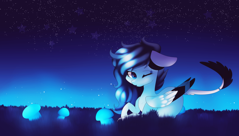 Size: 1024x585 | Tagged: safe, artist:hyshyy, derpibooru import, oc, oc:sapphire moonlight, unofficial characters only, pegasus, pony, colored wings, female, mare, multicolored wings, mushroom, night, one eye closed, prone, solo, wink