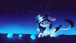 Size: 1024x585 | Tagged: safe, artist:hyshyy, derpibooru import, oc, oc:sapphire moonlight, unofficial characters only, pegasus, pony, colored wings, female, mare, multicolored wings, mushroom, night, one eye closed, prone, solo, wink