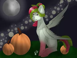 Size: 1024x768 | Tagged: safe, artist:celesterush, derpibooru import, oc, oc:watermelana, unofficial characters only, pony, blank flank, gradient hooves, halloween, holiday, moon, night, pumpkin, sitting, solo