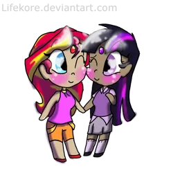 Size: 1024x1038 | Tagged: safe, artist:lifekore, derpibooru import, sunset shimmer, twilight sparkle, equestria girls, bindi, blushing, cuddling, cute, dark skin, female, holding hands, human coloration, lesbian, one eye closed, shimmerbetes, shipping, simple background, sunsetsparkle, transparent background, twiabetes, wink