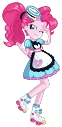 Size: 650x1333 | Tagged: safe, artist:gihhbloonde, artist:niightlydark, derpibooru import, pinkie pie, coinky-dink world, eqg summertime shorts, equestria girls, alternate hairstyle, carhop, female, one eye closed, rollerblades, server pinkie pie, shading, simple background, solo, transparent background, wink