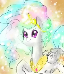 Size: 1560x1800 | Tagged: safe, artist:chromeberandom, derpibooru import, princess celestia, alicorn, pony, crown, cute, cutelestia, cutie mark, deviantart muro, ethereal mane, female, flowing mane, glowing horn, glowing mane, jewelry, magic, mare, multicolored mane, multicolored tail, peytral, praise the sun, princess, purple eyes, raised hoof, regalia, royalty, smiling, solo, sparkly, tiara, wings