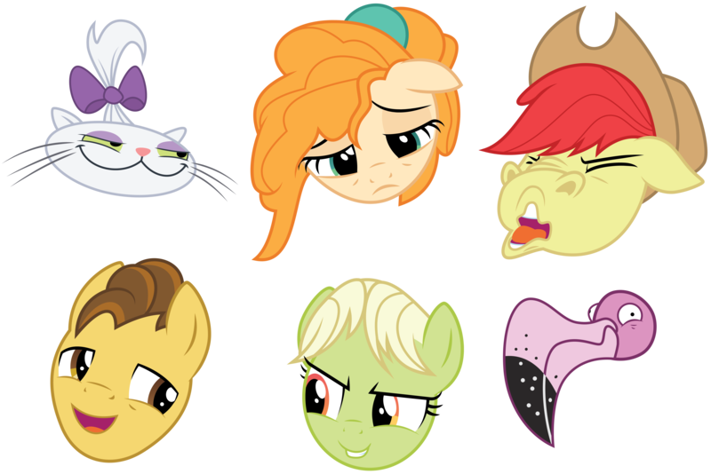 Size: 9312x6211 | Tagged: safe, artist:amarthgul, derpibooru import, bright mac, grand pear, granny smith, opalescence, pear butter, thorax, cat, changedling, changeling, flamingo, pony, the perfect pear, to change a changeling, :3, absurd resolution, disguise, disguised changeling, emoticon, faic, king thorax, sad, simple background, sneezing, transparent background, vector, young grand pear, young granny smith, younger