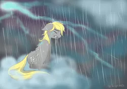 Size: 1280x900 | Tagged: safe, artist:twilightwolf91, derpibooru import, derpy hooves, pegasus, pony, cloud, crying, eyes closed, female, floppy ears, lightning, mare, rain, sitting, solo, storm, wet mane