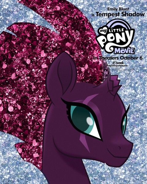 Size: 2000x2500 | Tagged: safe, derpibooru import, official, tempest shadow, pony, my little pony: the movie, broken horn, emily blunt, eye scar, horn, movie poster, my little pony logo, poster, pretty, pretty pretty tempest, scar, smiling, solo, tempestebetes, when she smiles