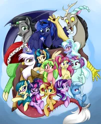 Size: 3000x3700 | Tagged: safe, artist:sapphirescarletta, derpibooru import, discord, gilda, indigo zap, juniper montage, king sombra, lemon zest, princess luna, sci-twi, sour sweet, starlight glimmer, sugarcoat, sunny flare, sunset shimmer, trixie, twilight sparkle, ponified, alicorn, draconequus, earth pony, gryphon, pegasus, pony, unicorn, blue background, bowtie, counterparts, ear piercing, equestria girls ponified, female, glasses, goggles, good king sombra, hairpin, headphones, jewelry, male, missing cutie mark, piercing, pigtails, ponytail, redemption, regalia, shadow five, simple background, twilight's counterparts, twintails, wings