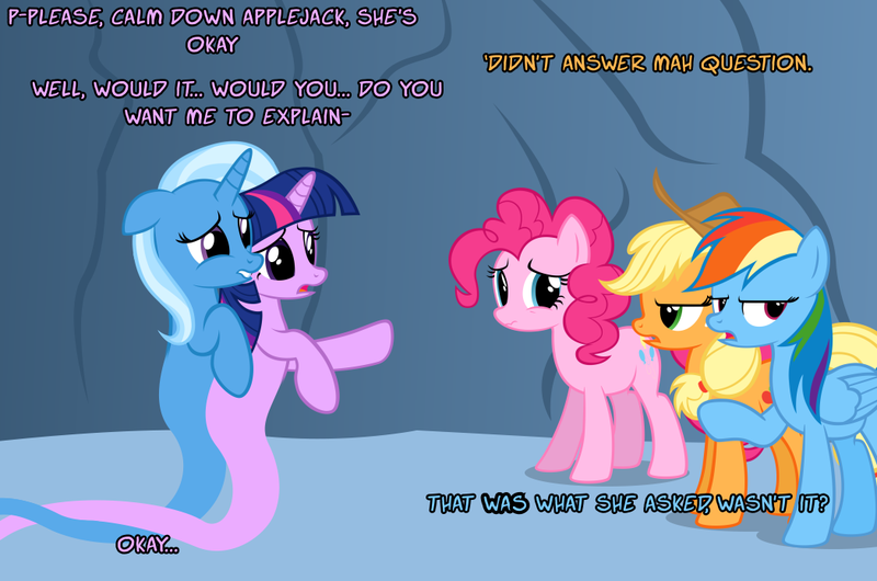 Size: 1048x694 | Tagged: safe, artist:navitaserussirus, derpibooru import, applejack, pinkie pie, rainbow dash, trixie, twilight sparkle, genie, female, floppy ears, lesbian, shipping, twixie, unamused