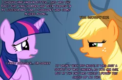 Size: 1048x689 | Tagged: applejack, artist:navitaserussirus, derpibooru import, genie, safe, twilight sparkle, unamused