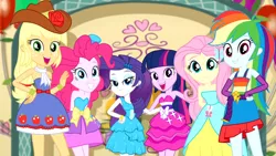 Size: 1366x768 | Tagged: safe, derpibooru import, screencap, applejack, fluttershy, pinkie pie, rainbow dash, rarity, twilight sparkle, a photo booth story, eqg summertime shorts, equestria girls, clothes, dress, fall formal outfits, grin, group shot, happy, humane five, humane six, mane six, smiling