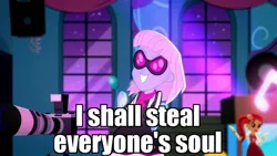 Size: 1366x768 | Tagged: safe, derpibooru import, edit, edited screencap, screencap, photo finish, rose heart, a photo booth story, eqg summertime shorts, equestria girls, background human, camera, evil grin, fist, grin, happy, image macro, meme, smiling, your soul is mine