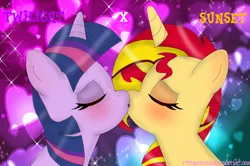 Size: 2196x1454 | Tagged: safe, artist:ytpinkiepie2, derpibooru import, sunset shimmer, twilight sparkle, pony, unicorn, blushing, cute, eyes closed, female, kissing, lesbian, mare, shimmerbetes, shipping, sunsetsparkle, twiabetes